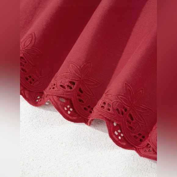 Deep Coral Red Floral Embroidered Scallop Trim Short Sleeve Blouse - Picture 7 of 9